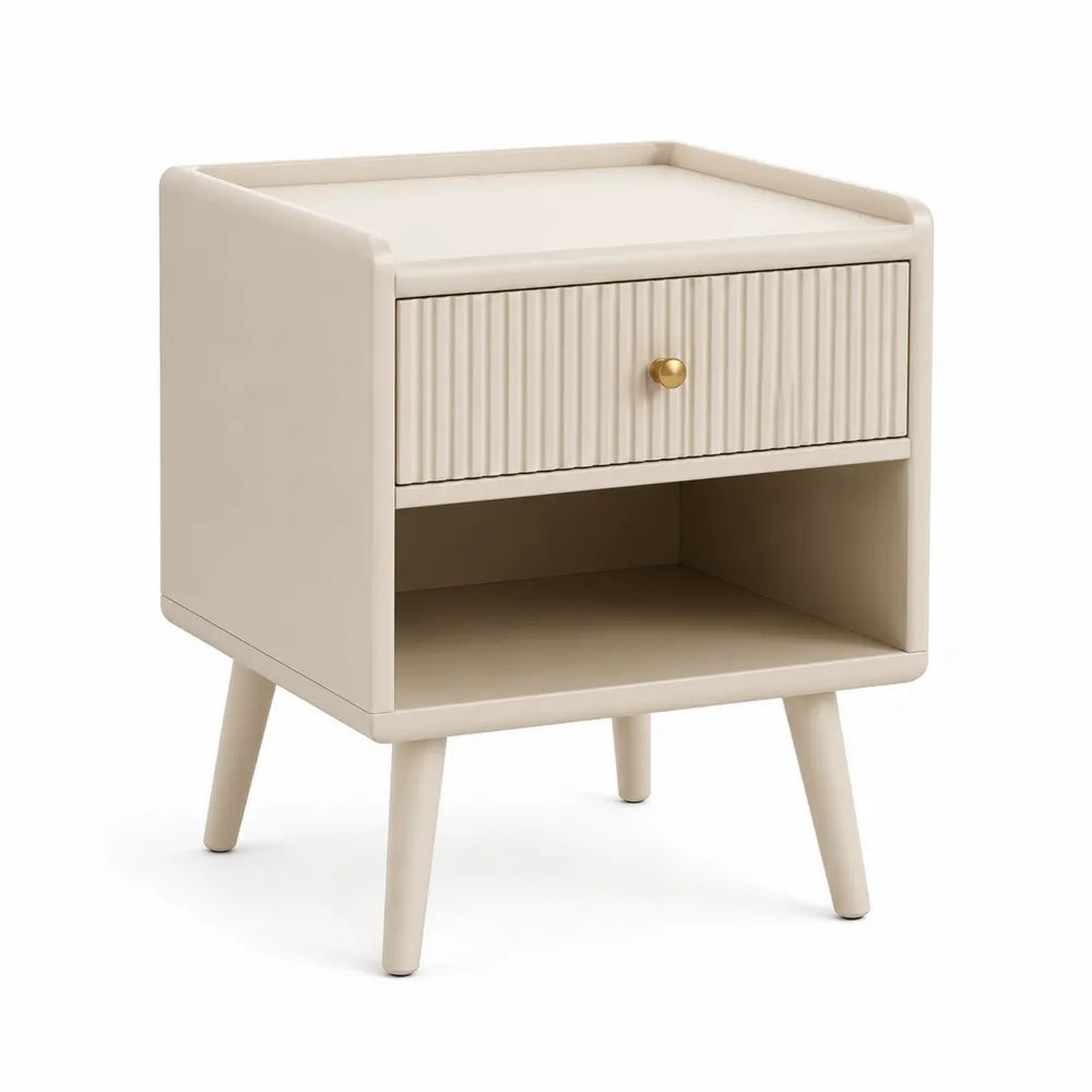 Nachttisch rechteckig mit Schublade und offenem Fach MDF Holzwerkstoff Beige Naturholzoptik Gold Griff