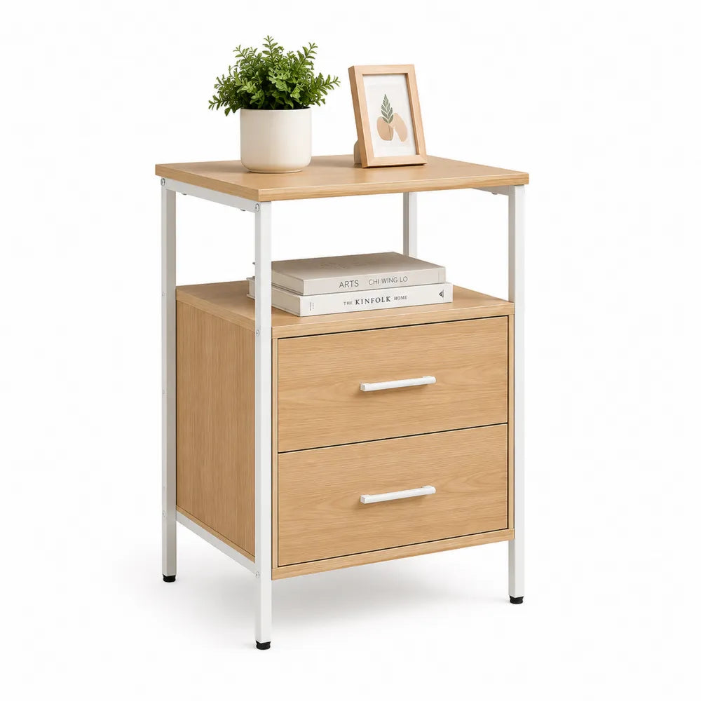 Nachttisch 40 x 40 x 65 cm rechteckig Eichenholzoptik Weiß Stahlrahmen mit 2 Schubladen
