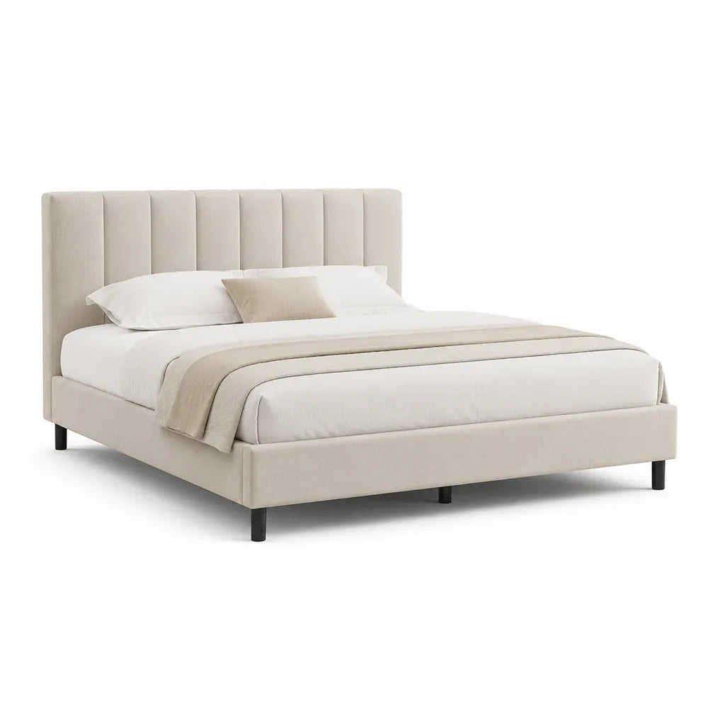 Polsterbett 180 x 200 cm Bettgestell rechteckig Beige Stoff gepolstertes Kopfteil Holzwerkstoff Metallfüße