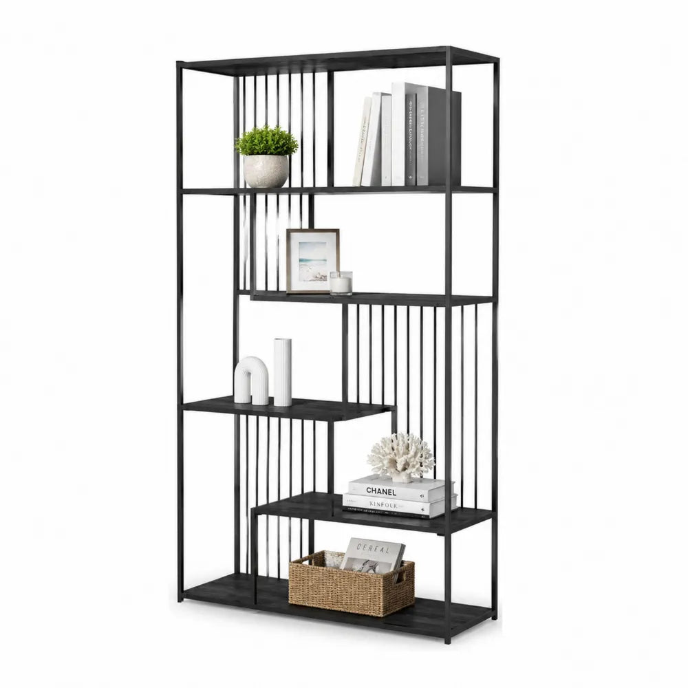 Bücherregal 80 x 30 x 180 cm Metall Schwarz MDF Holzwerkstoff asymmetrisch Standregal mit offenen Fächern