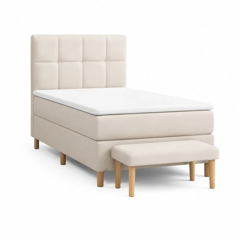 Polsterbett Einzelbett mit Sitzbank 90 x 200 cm Gesamtmaß 105 x 210 x 115 cm Polyesterbezug MDF Kiefer Spanplatte Kautschukholz Beine Beige Naturholz