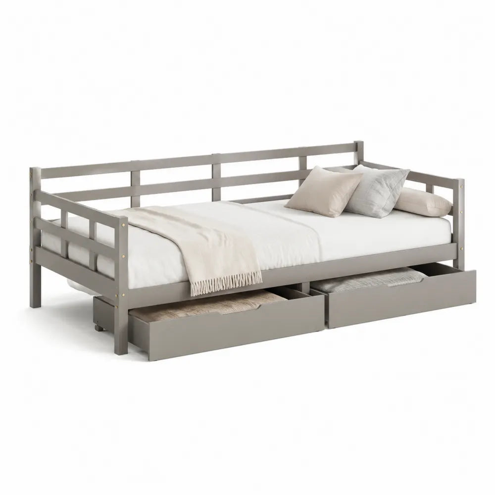 Stauraumbett 90 x 200 cm Bettgestell rechteckig Grau Naturholz MDF Spanplatte mit 2 Schubladen und Lattenrost