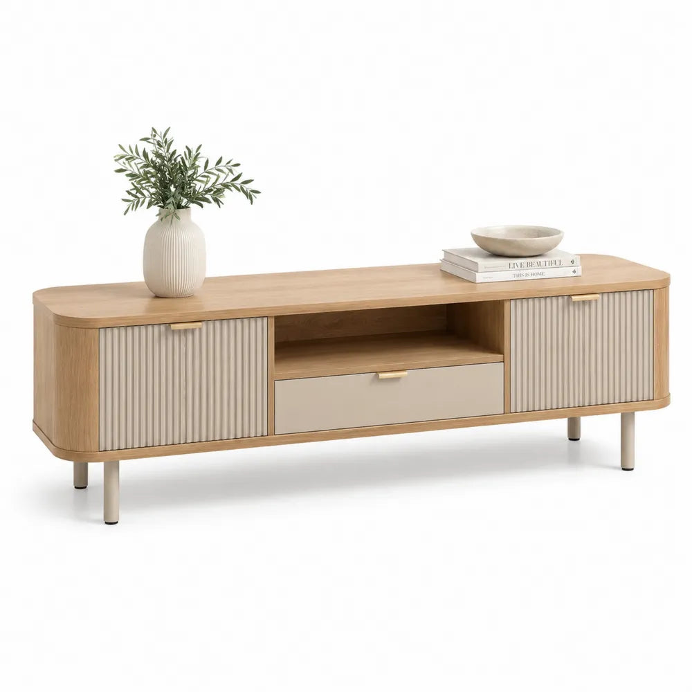 TV Lowboard 160 x 40 x 50 cm Holzwerkstoff Eichenoptik Natur Beige mit Rillenfront Schublade und offenen Fächern