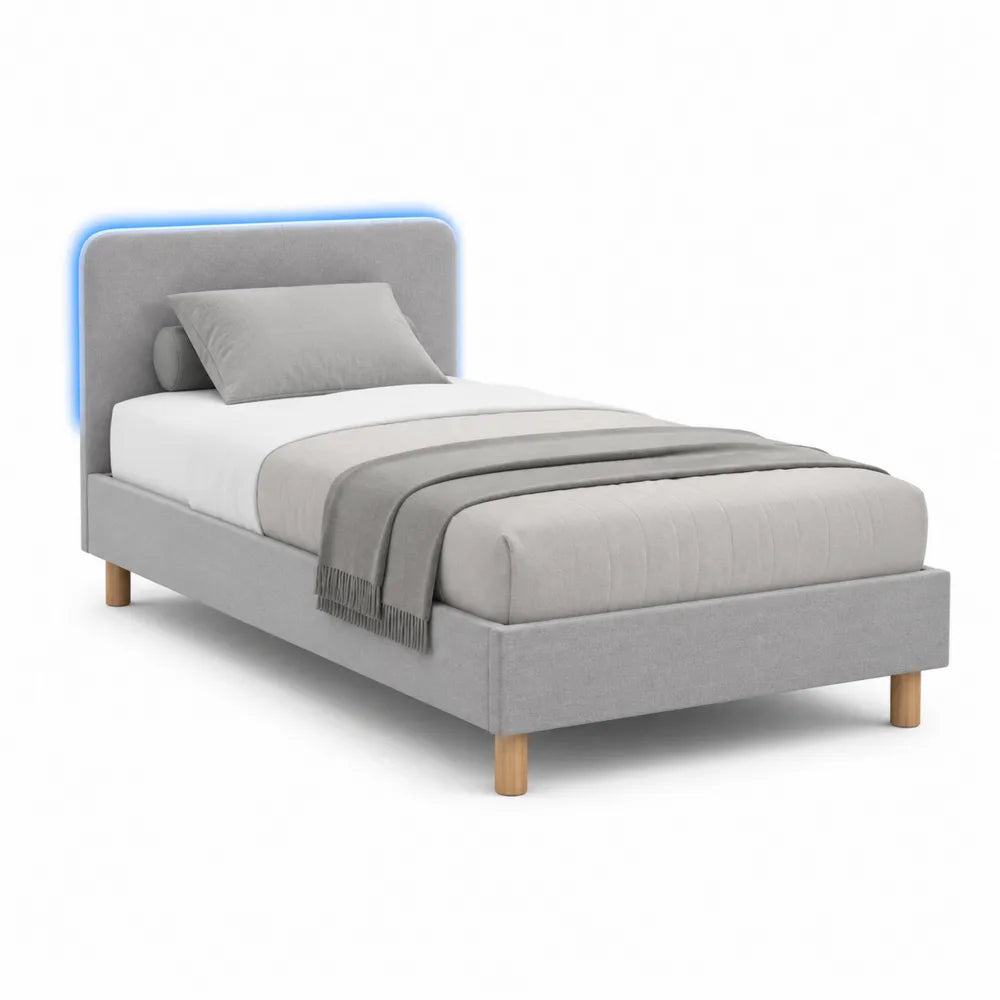 Polsterbett Einzelbett 90 cm x 200 cm rechteckig Stoff Grau mit LED Kopfteil Holzfüße Naturholz