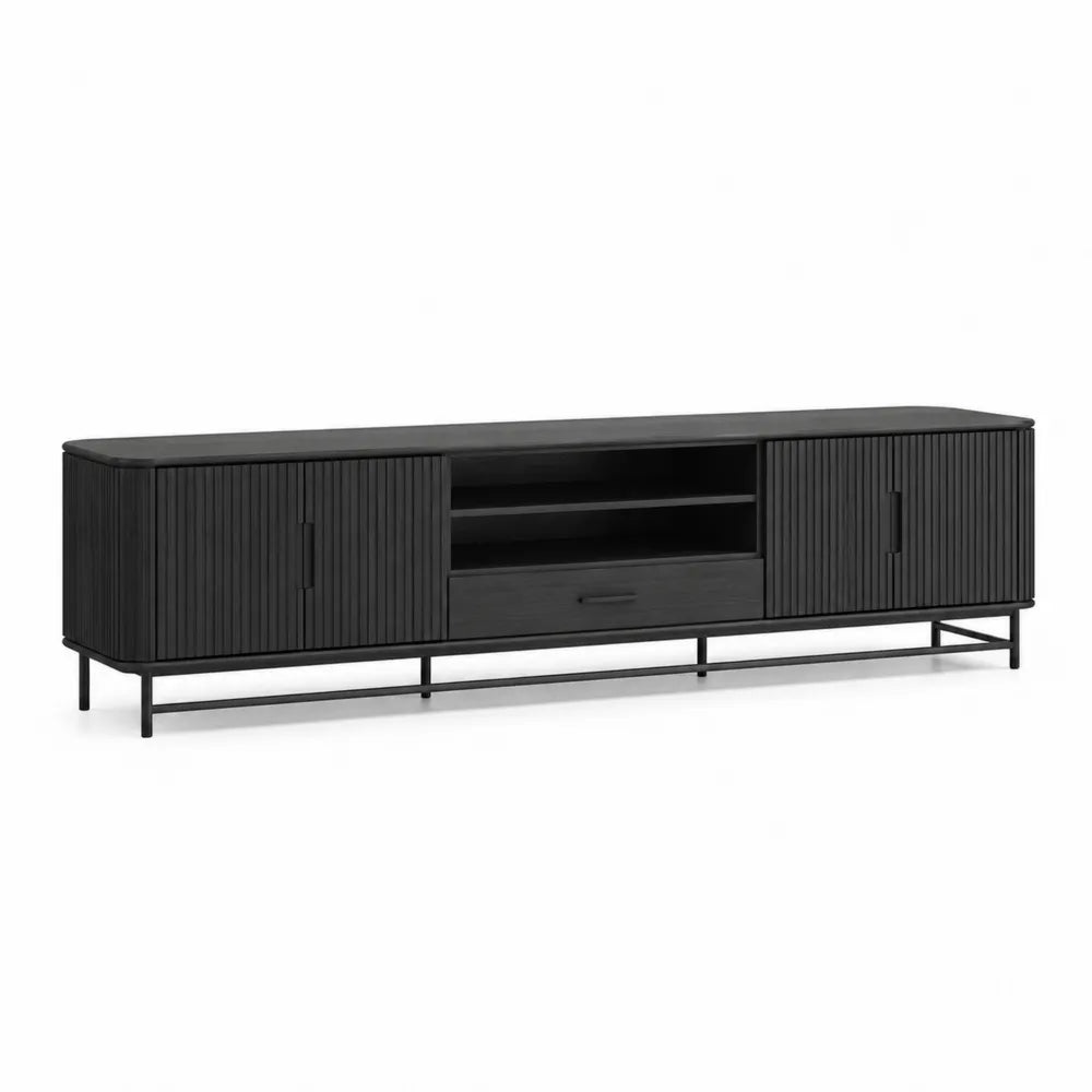 TV Lowboard 200 x 40 x 50 cm Schwarz Holzwerkstoff mit Lamellentüren und offenen Fächern Metallgestell