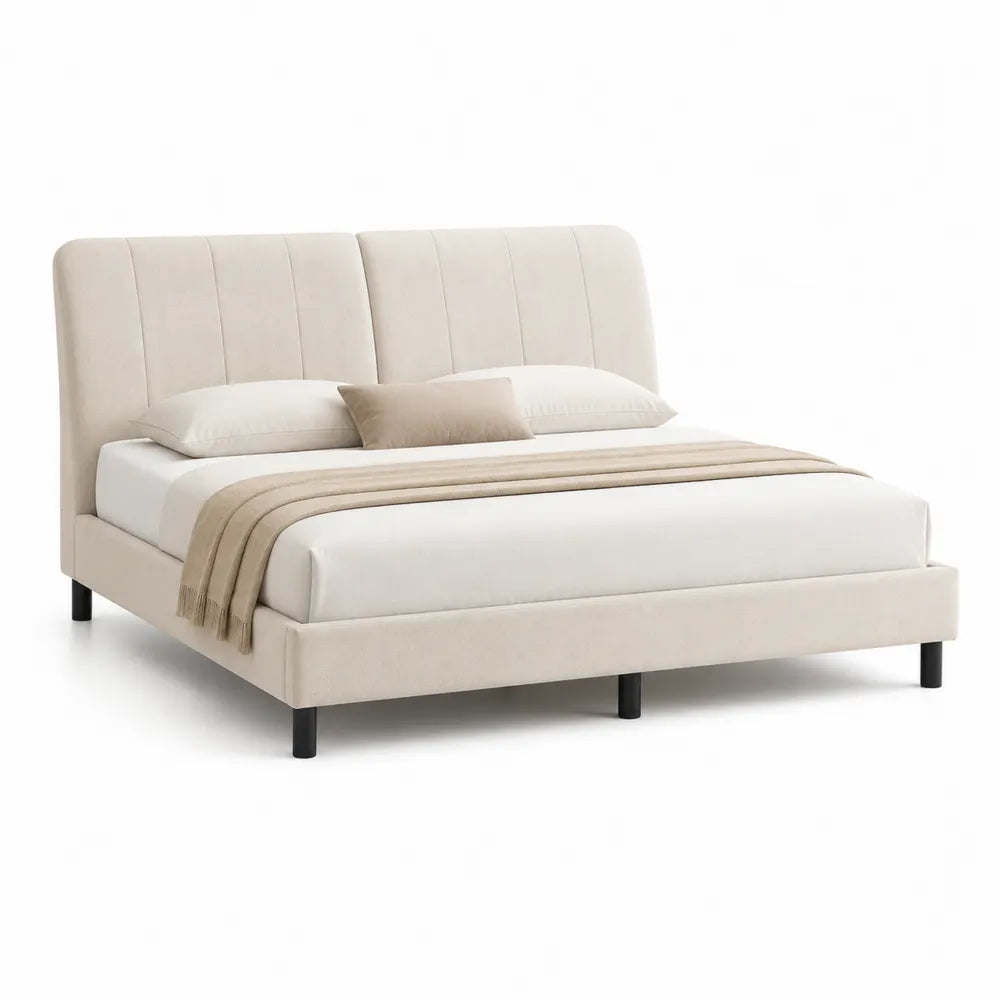 Polsterbett Bettgestell rechteckig 160 x 200 cm gepolstertes Kopfteil vertikal gesteppte Struktur Beige Schwarz Metallfüße