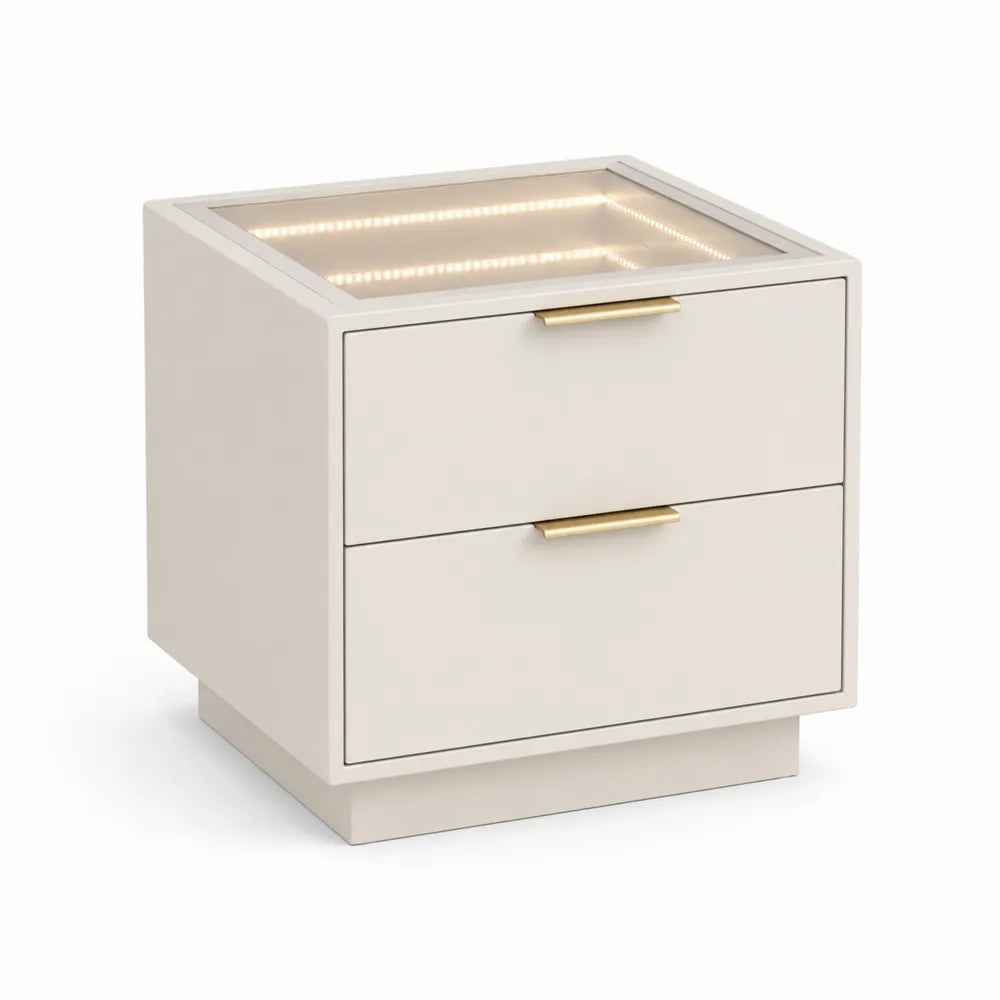 Nachttisch rechteckig 55 x 45 x 50 cm mit 2 Schubladen LED Glasplatte MDF Holzwerkstoff Beige Gold