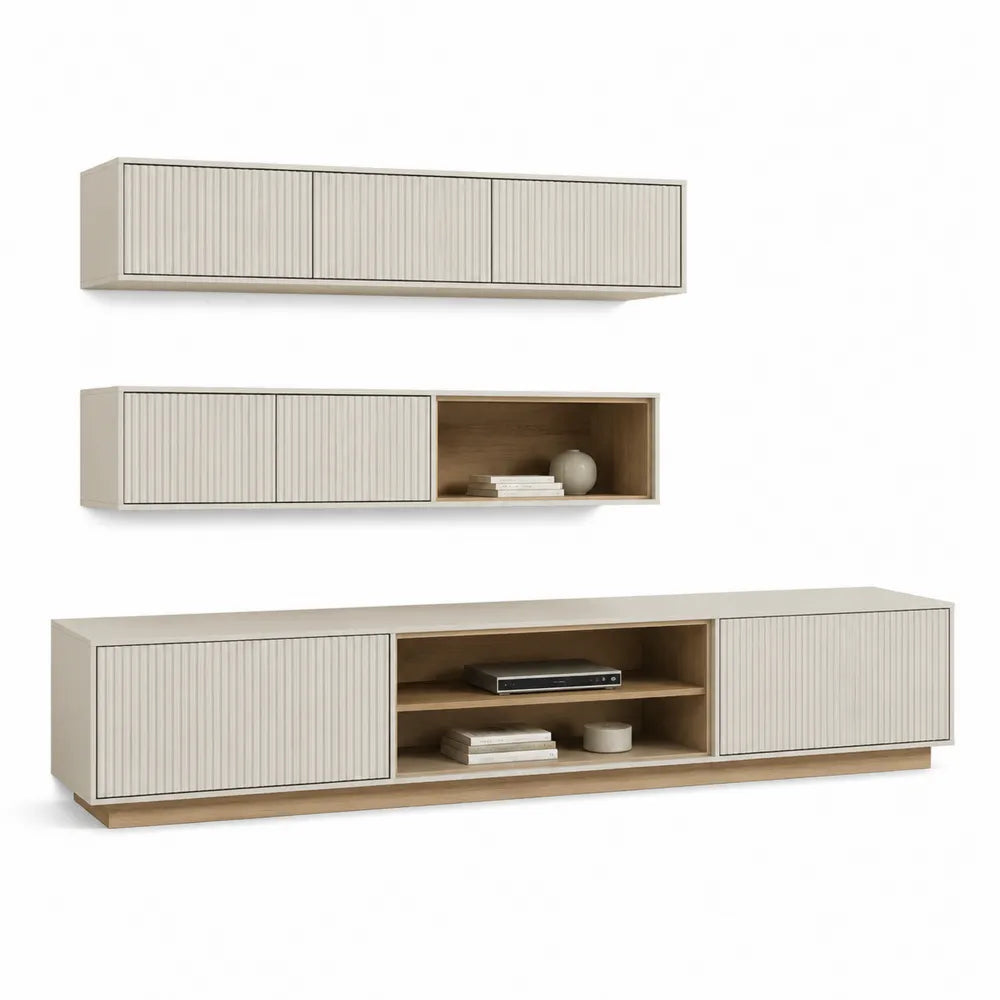 TV Möbel Set 3-teilig Wohnwand 200 x 40 x 45 cm MDF Rillenfront Beige Naturholz Hängeschränke mit offenem Fach