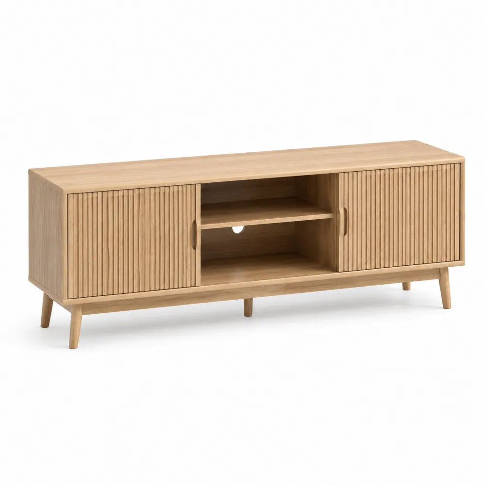 TV Lowboard 160 cm x 40 cm x 50 cm Holzwerkstoff Eiche Naturholz 2 Türen mit offenen Fächern und Kabeldurchführung