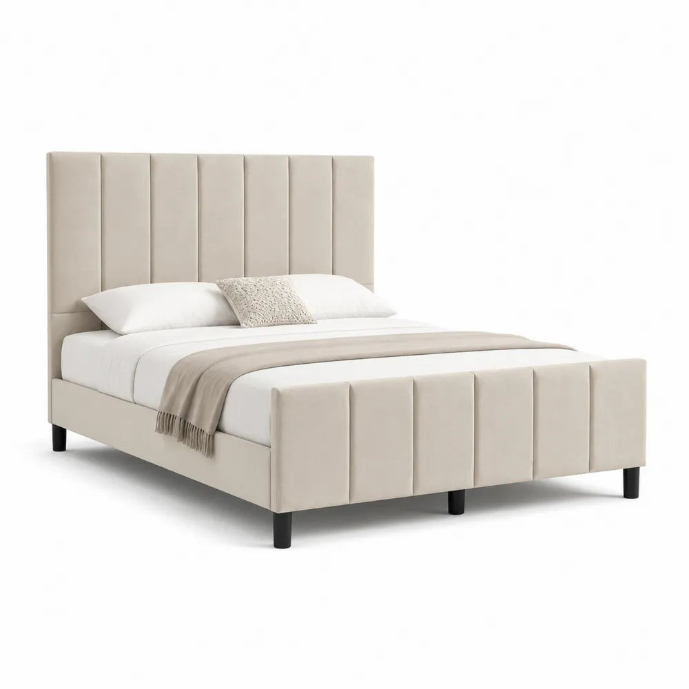 Polsterbett 160 x 200 cm rechteckig Beige Polyesterbezug Holzwerkstoff mit Kopfteil und Fußteil Schwarz